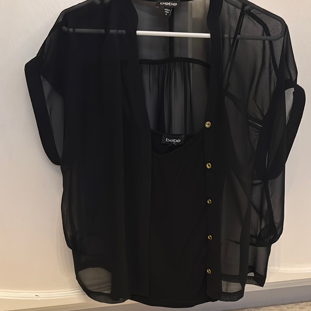 Bebe Black Sheer Button-Up Top